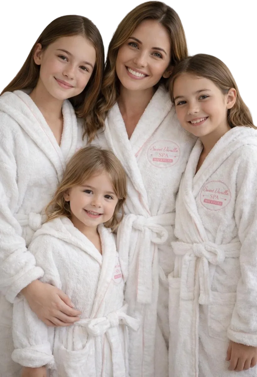 Mãe e três filhas de roupão, sorrindo